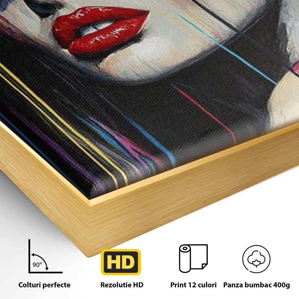 Detaliu al suprafetei: tablou canvas cu portret de femeie si buze rosii, in rama de aluminiu auriu